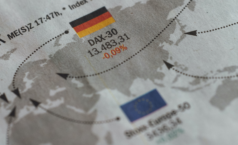 A map with various markets represented by flags and arrows.