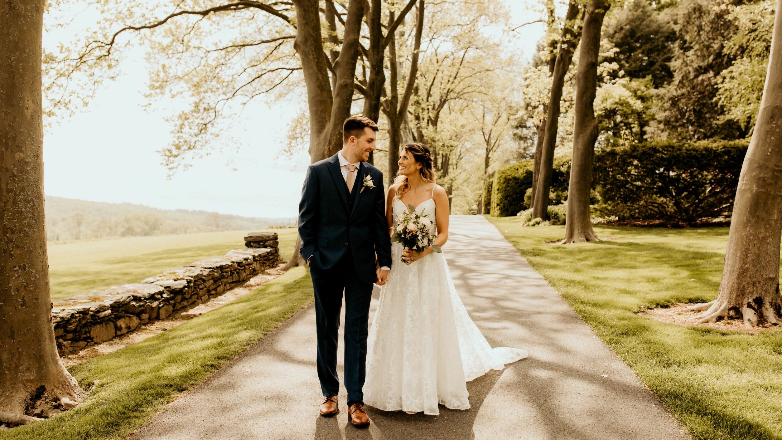 A bride and groom on their wedding day.