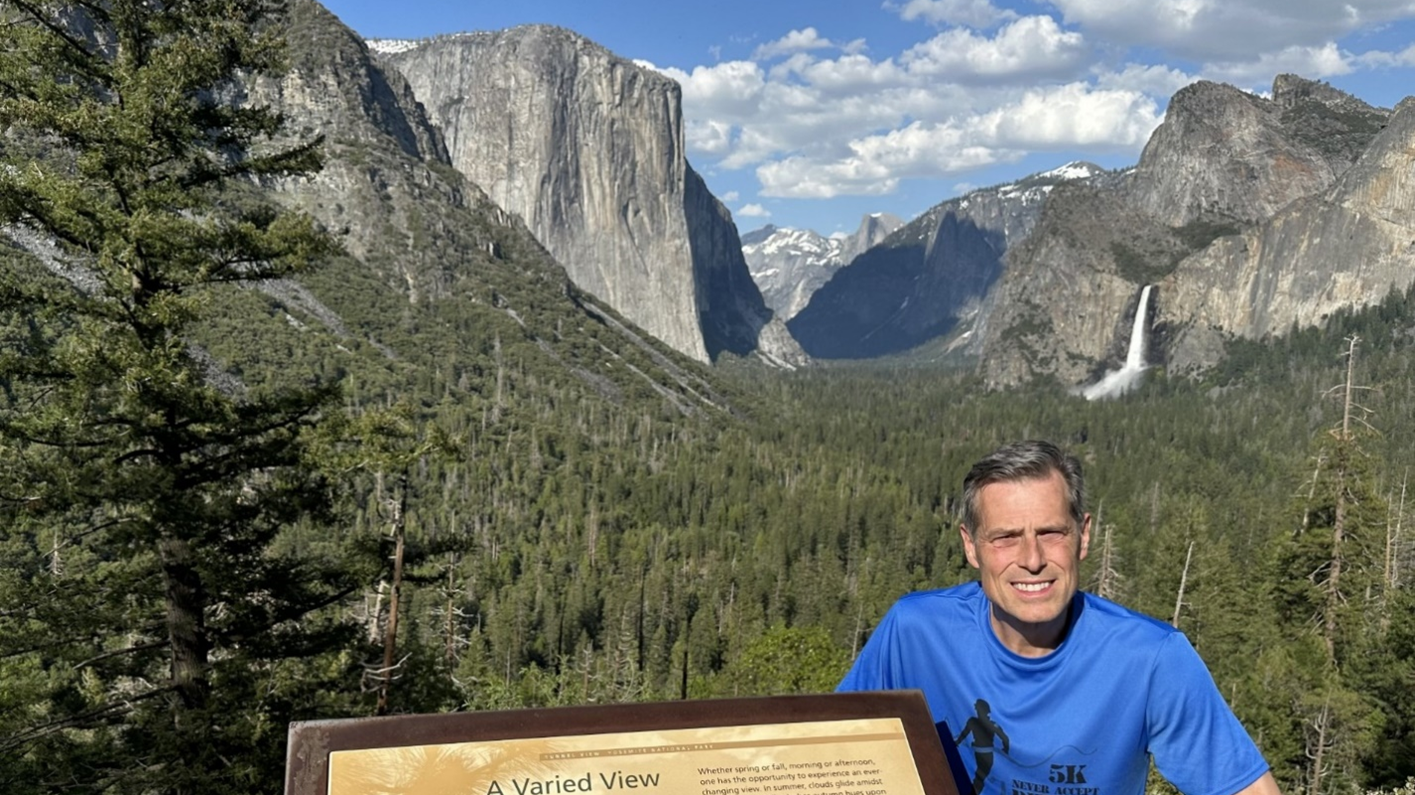 Yosemite’s valley floor as seen from Tunnel View with El Capitan on the left, Cathedral Rocks and Bridal Veil Falls on the right and Clouds Rest and Half Dome in the background